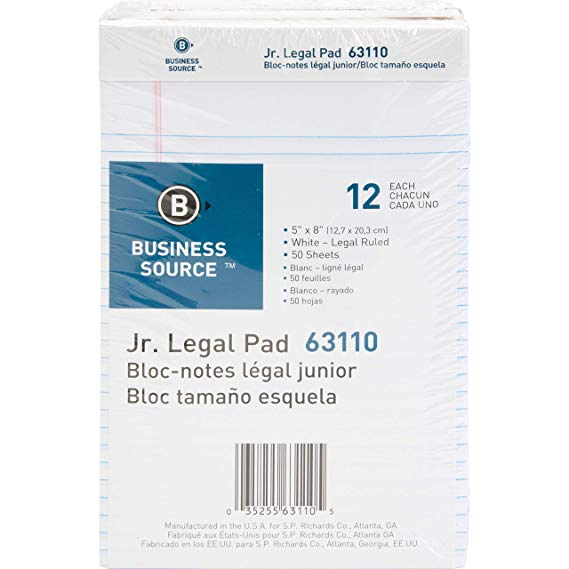 Business Source Note Pad Legal Jr. Size White 5x8 Pads, - 50 Sheets.