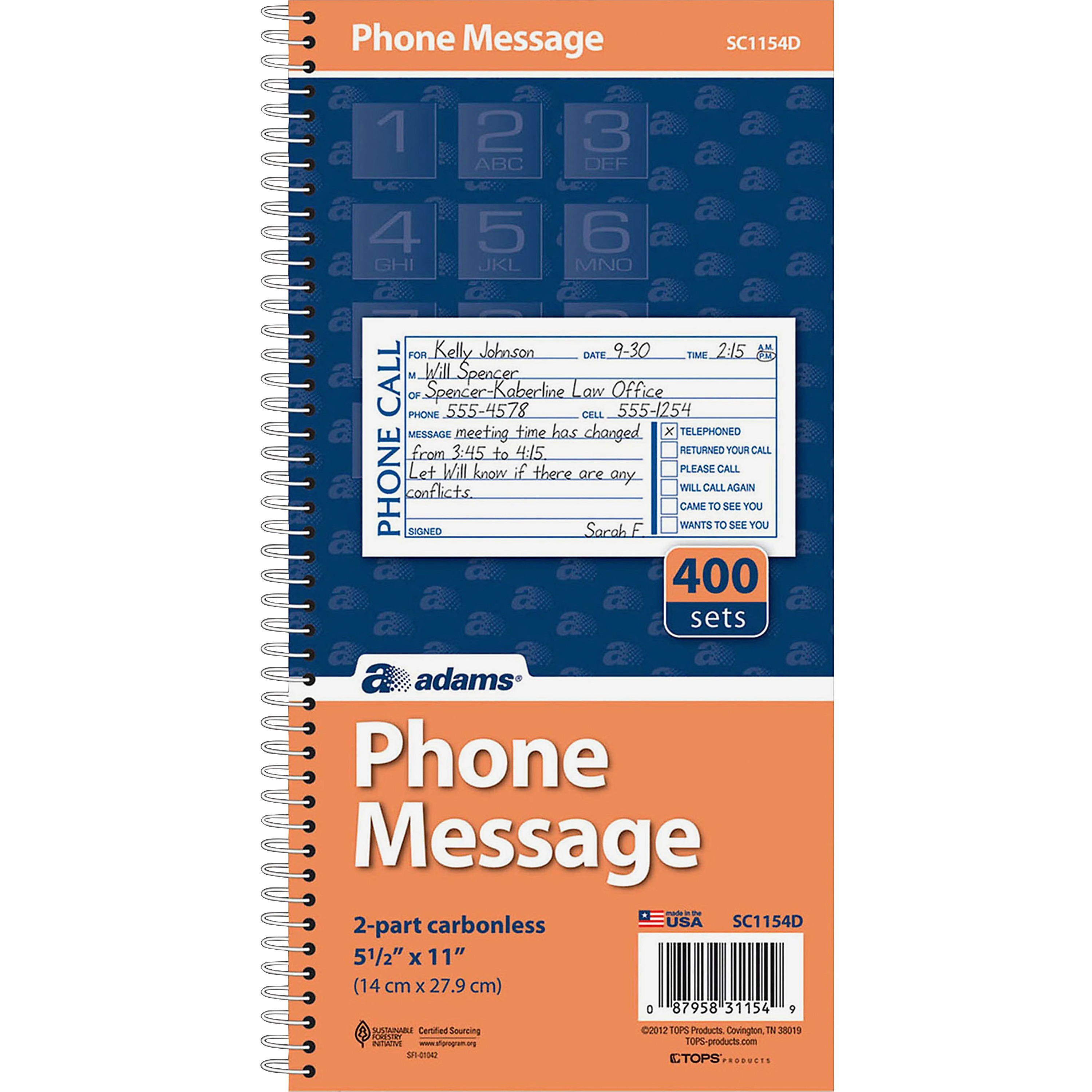 Adams Wirebound Telephone Message Book, 5-1/4 x 11, 2-Part Carbonless, 400 Forms
