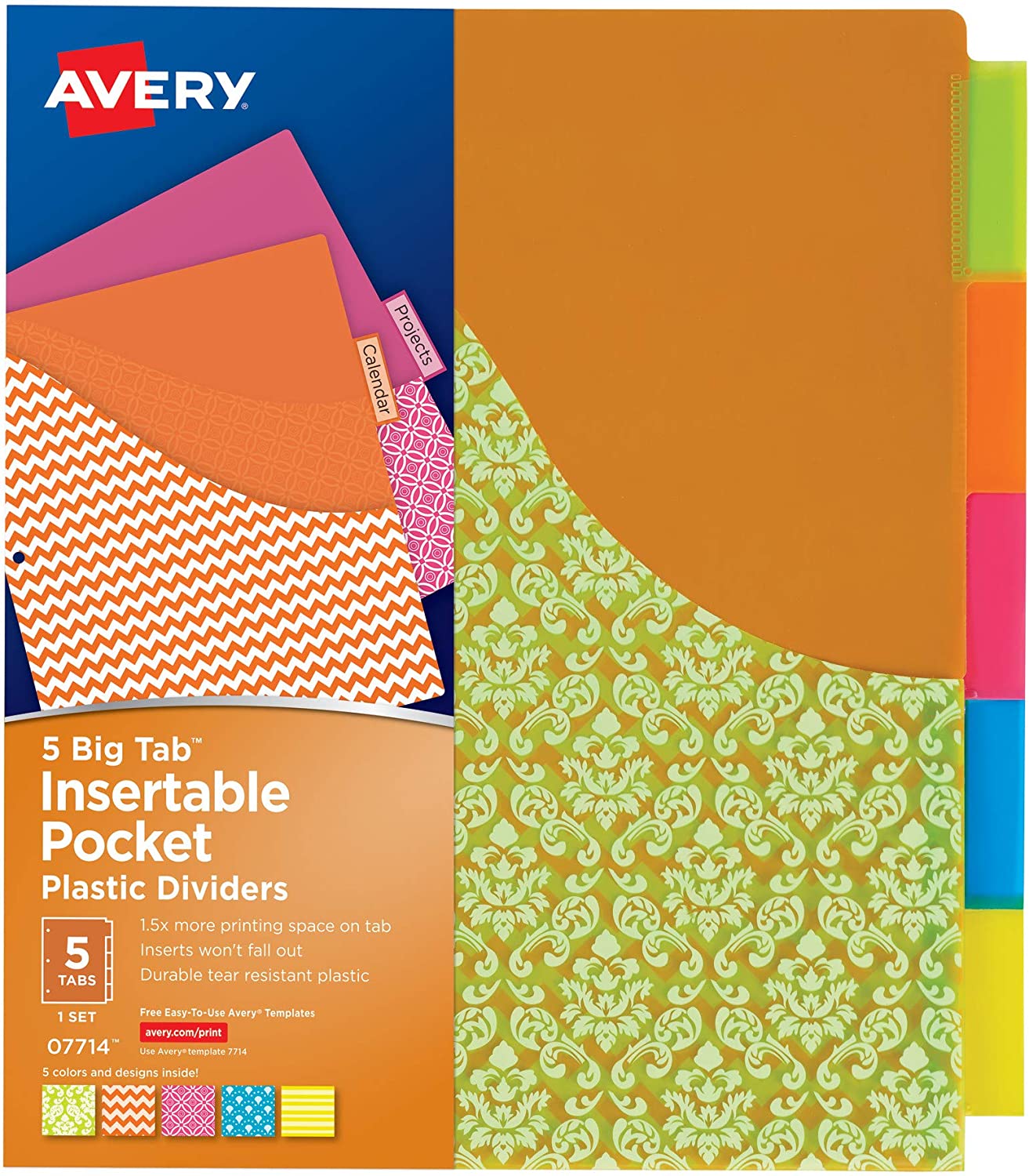 Avery 5-Tab Plastic Binder Dividers, Big Tab Insertable Divider with Pockets, Pastel - Set