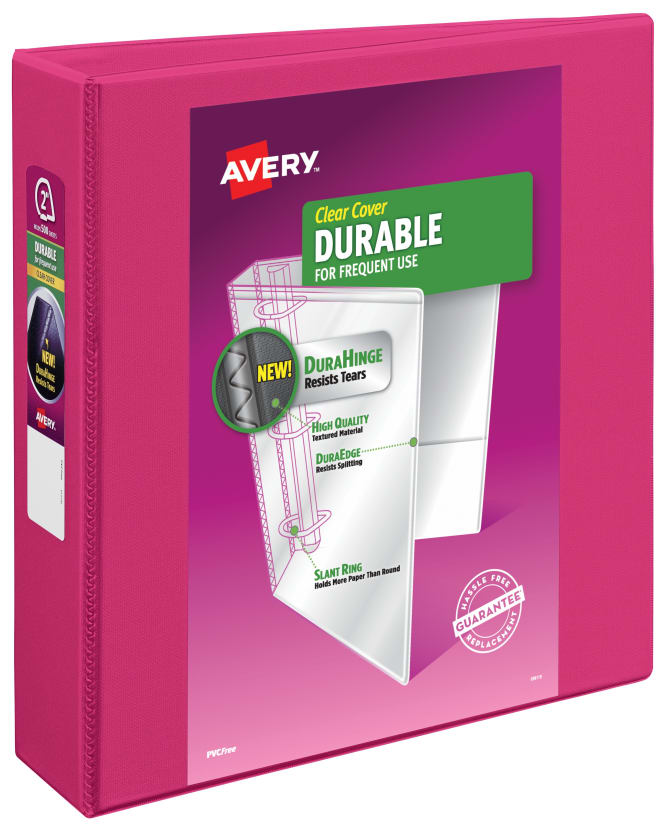 Avery® Durable View Binder, 2" Slant Rings, 500-Sheet Capacity, DuraHinge™, Pink