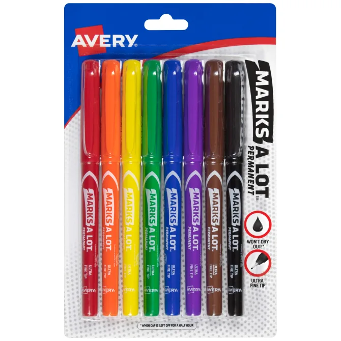 Avery Marks-A-Lot Permanent Markers, Ultra Fine Tip, 8 Assorted Markers