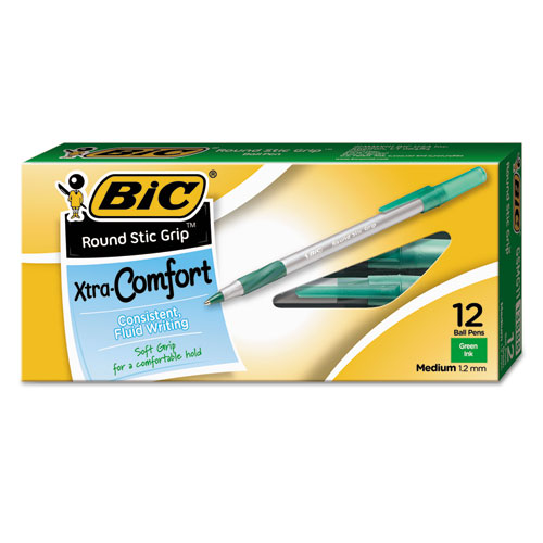 Round Stic Grip Xtra Comfort Ballpoint Pen, Easy-Glide, Stick, Medium 1.2 mm, Green Ink, Gray/Green