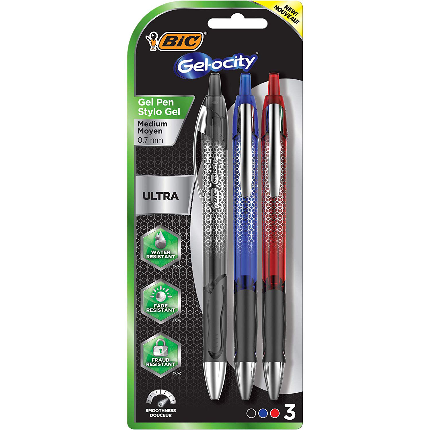 Bic Gel-Ocity Ultra Gel Pens, Medium Point Retracable (0.7mm), Assorted, 3-Count