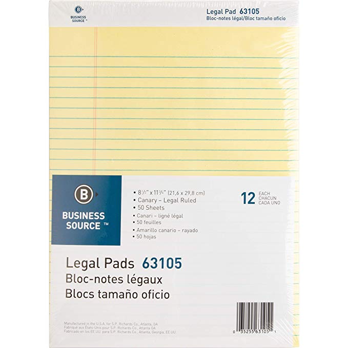 Business Source Note Pad Legal Letter  Size Canary 8.5x 11, 50 sheets.