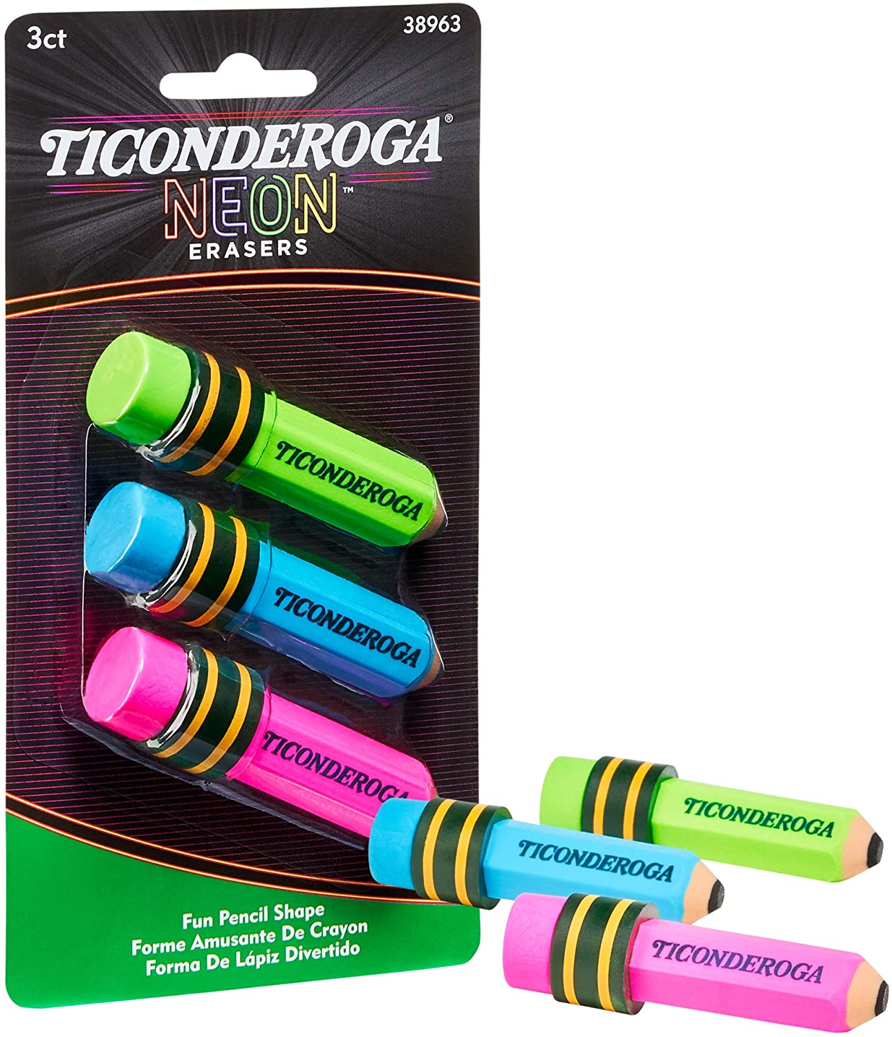Ticonderoga Pencil Shaped Erasers, Neon Colors, 3 Count