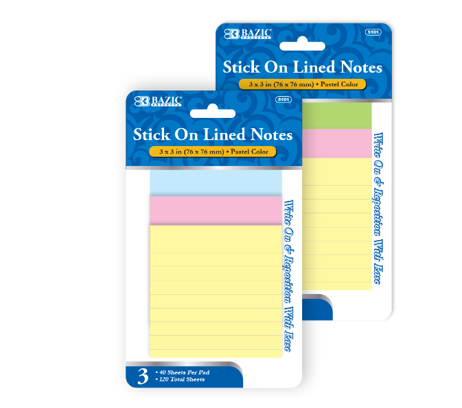 Stick On Notes - 3 Count, Lined, 40 Sheets Each 3" x 3"