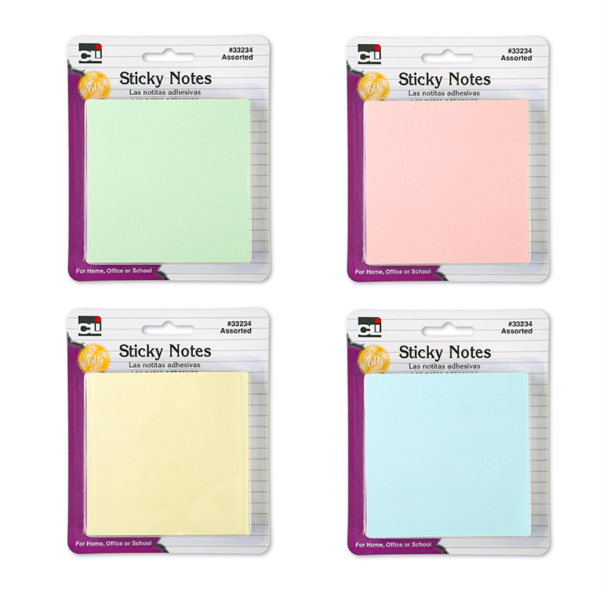 Sticky Notes - 3" x 3" - Assorted Pastel, 4 Pads of 50 Sheets/Card