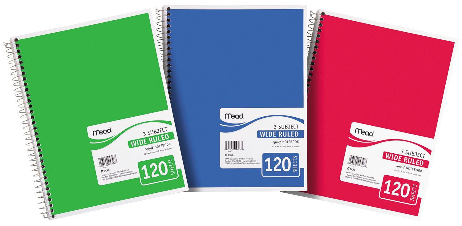 Spiral Notebook, 3 Subject, Wide Ruled Paper, 120 Sheets