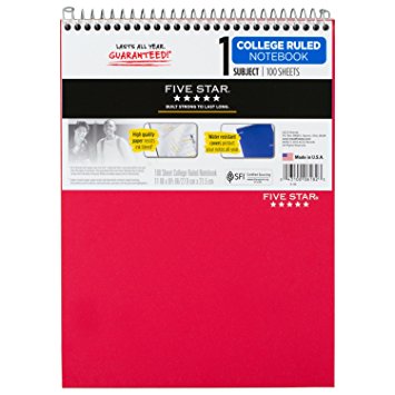 Five Star Wirebound Note Pad,1 Subject,100 ct,College Ruled