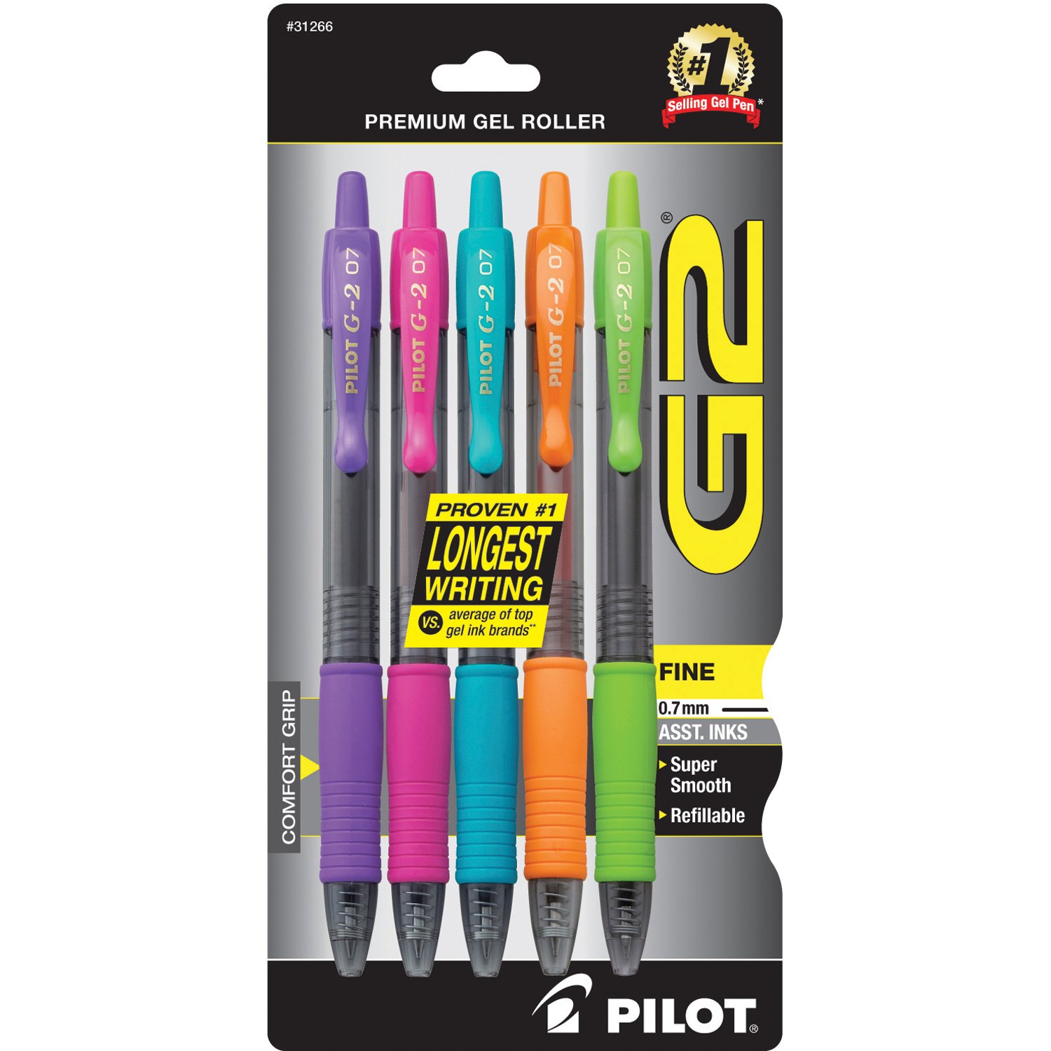 Pilot G2-7 Retractable Gel Rollerball Pen, Fine 0.7mm, Set of 5 Colors