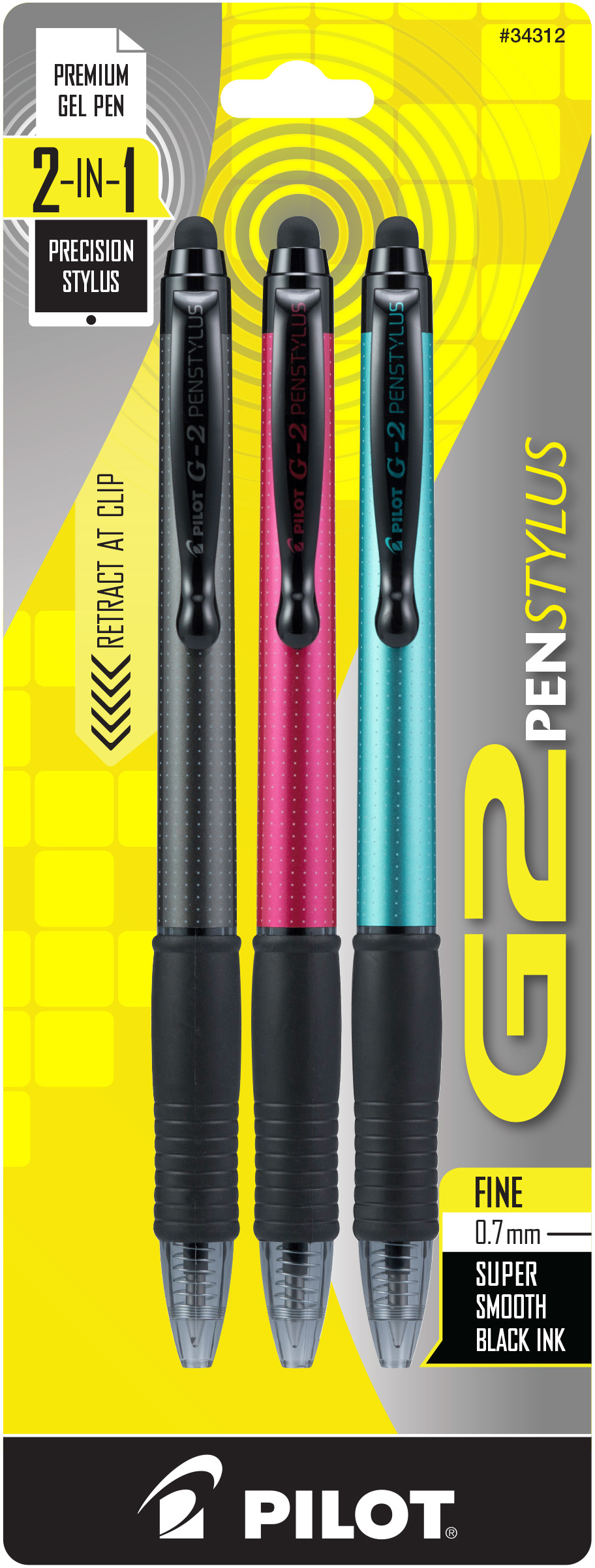 G2 PenStylus Black Ink, 0.7 mm, Gel, Assorted Barrel Colors, 3/Pack