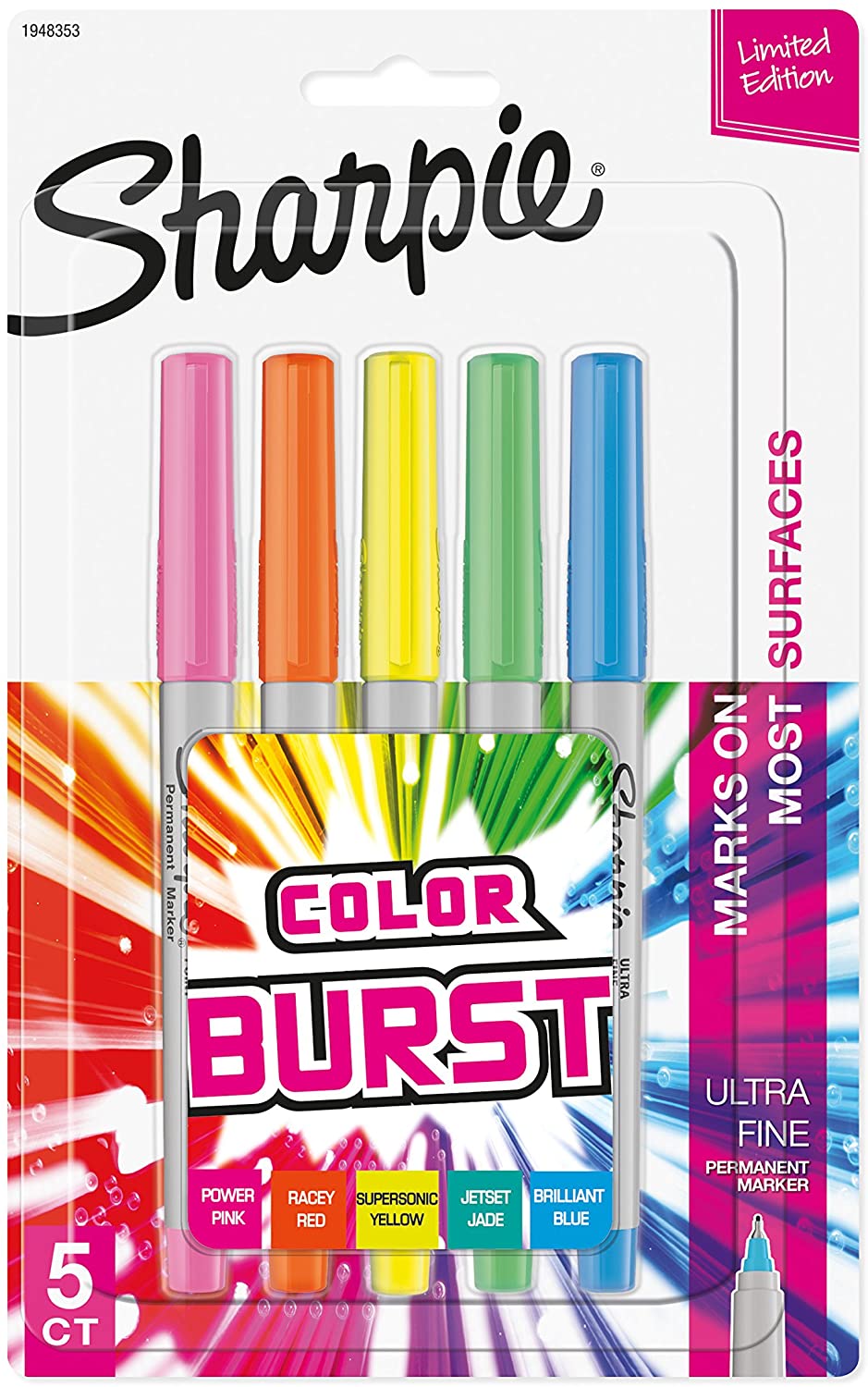 Sharpie Color Burst Permanent Markers, Ultra-Fine Point, Assorted, 5/Pack