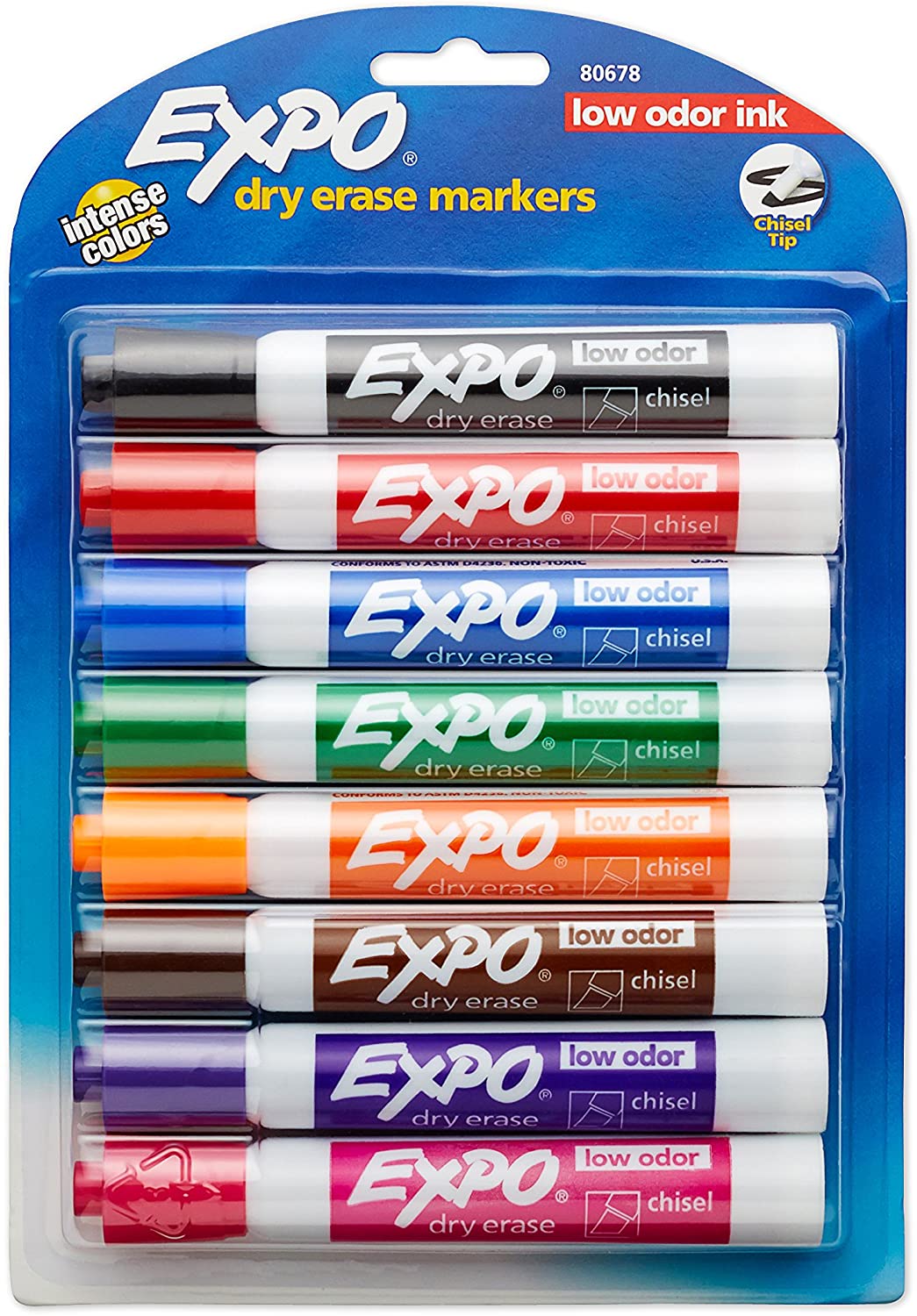 EXPO Low-Odor Dry Erase Markers, Chisel Tip, Assorted Colors, 8-Count (Carded)