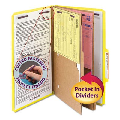 6-Section Pressboard Top Tab Pocket-Style Classification Folders With Safeshield Fasteners, 2 Dividers, Legal, Yellow, 10/box